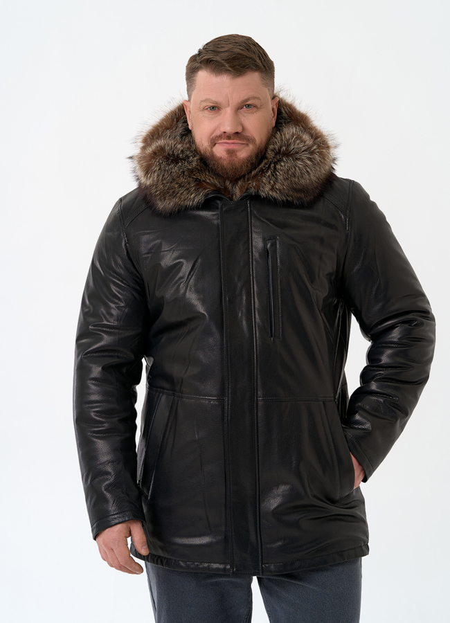 Мужская натуральная дубленка на волке с отделкой из меха енота модель № 26231 меха малина