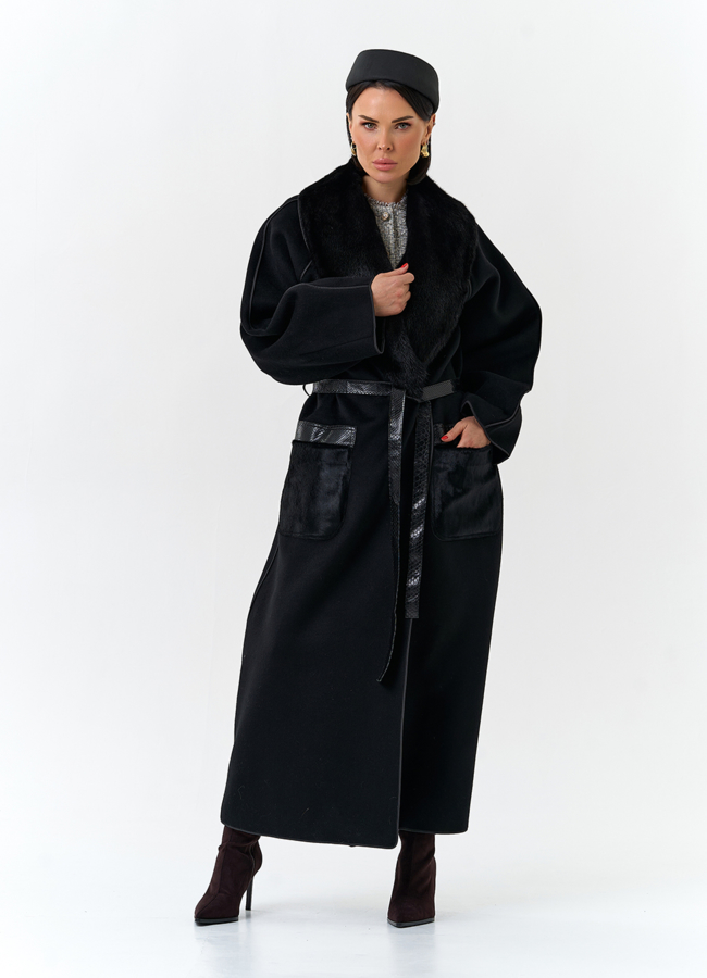 фото Женское длинное пальто с воротником из меха норки модель № 32648