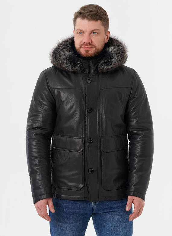 Пуховик из натуральной кожи с мехом енота