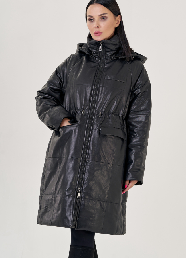 Кожаный пуховик с капюшоном черного цвета  модель № 23265 универмаг малина
