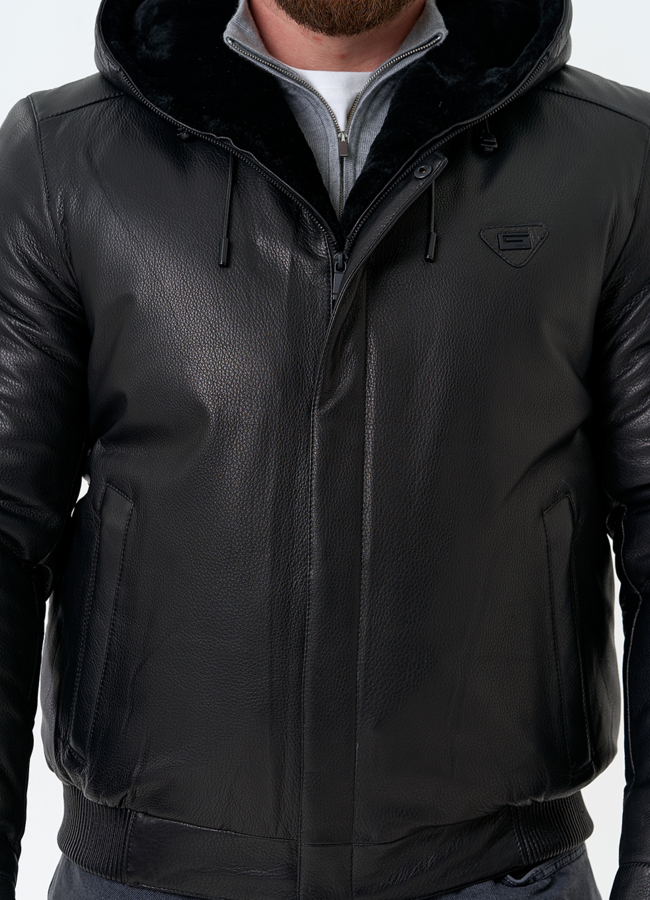 Мужской пуховик из натуральной кожи с капюшоном модель № 32051 универмаг малина