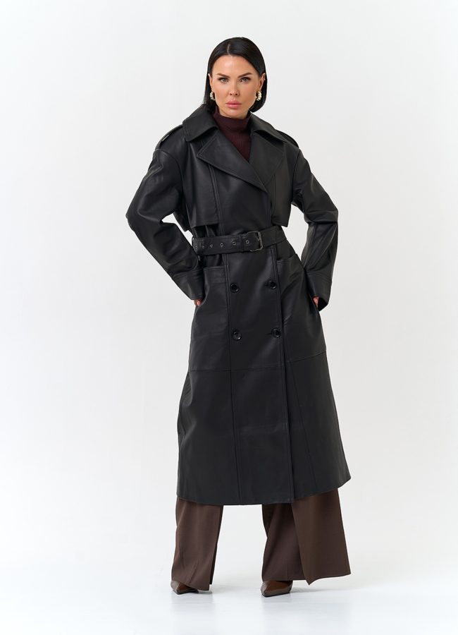 Женский плащ из натуральной кожи с поясом модель № 32901 универмаг малина