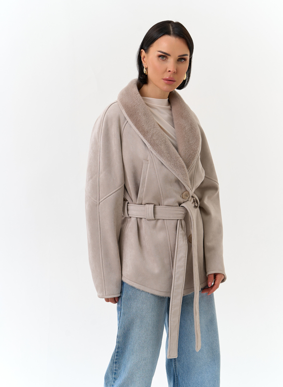 Женская дубленка из эко замши с поясом
