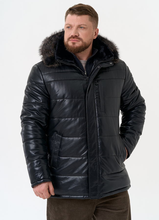 Пуховик из эко кожи с капюшоном из меха енота модель № 22072 в кредит