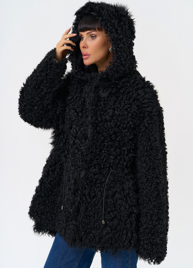 фото Женская двухсторонняя дубленка с капюшоном модель № 31481