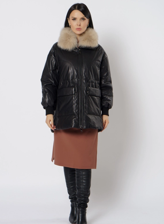 Утепленная кожаная куртка с песцом