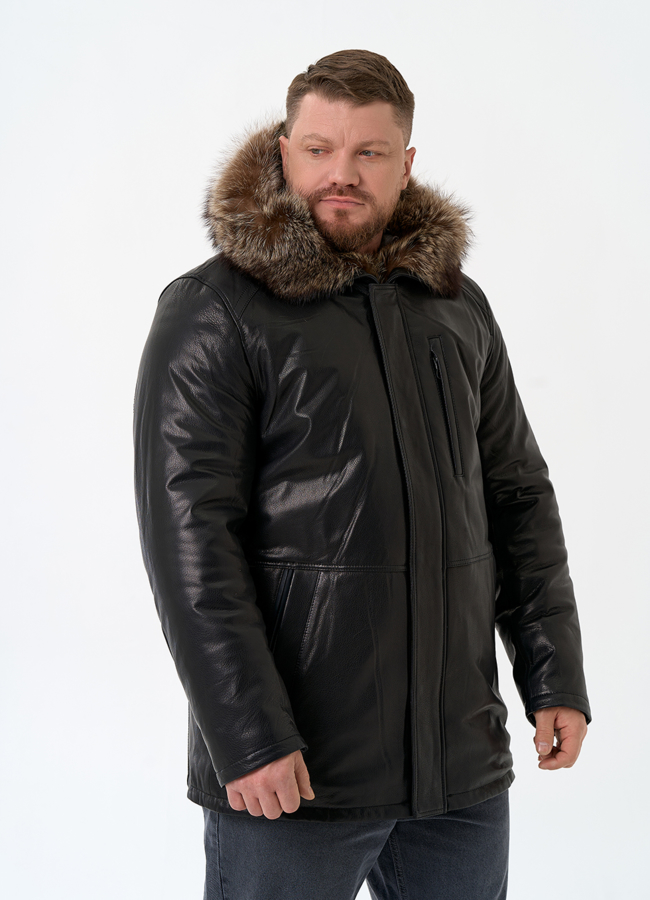 Мужская натуральная дубленка на волке с отделкой из меха енота модель № 26231 универмаг малина