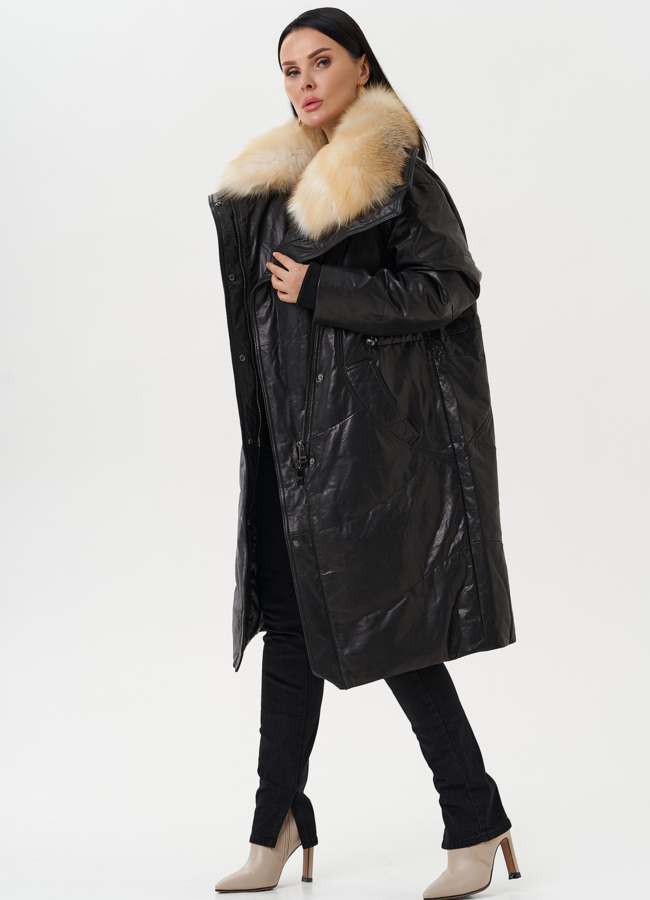 Женский кожаный пуховик с отделкой из меха лисы модель № 28110 универмаг малина