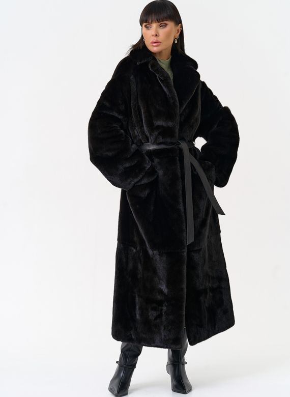Длинная шуба из меха норки blackglama с поясом
