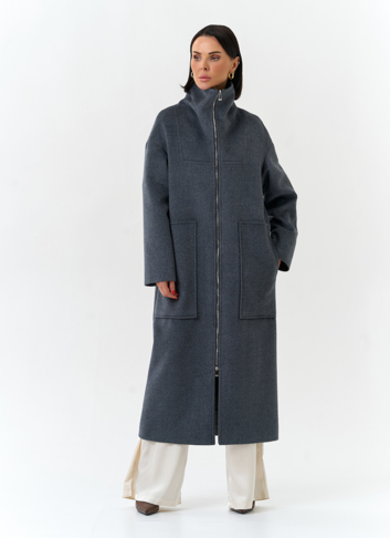 Женское длинное пальто с воротником стойкой