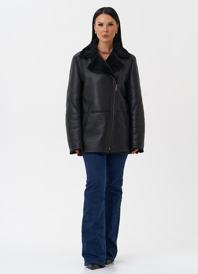 фото Женская дубленка черного цвета  модель № 28703