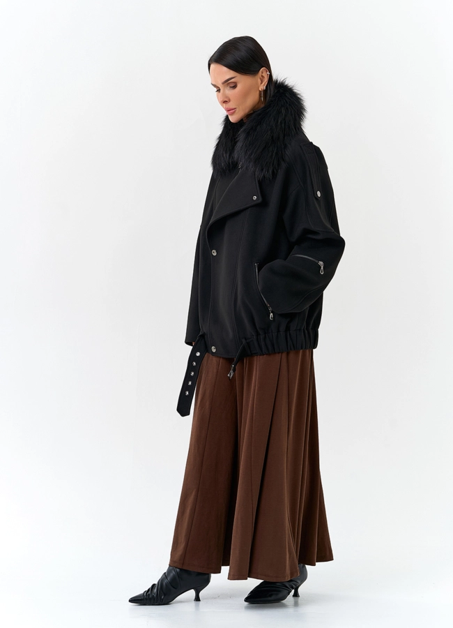 Женское укороченное пальто с отделкой из меха лисы модель № 32782 универмаг малина