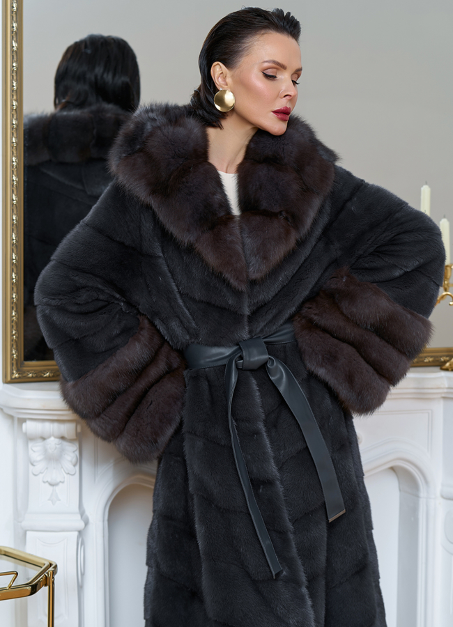 Длинная шуба из меха норки с отделкой из меха куницы модель № 31712 универмаг малина