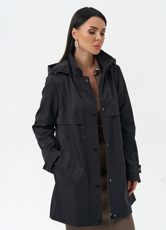 Плащ женский черного цвета с капюшоном модель № 30086 универмаг малина