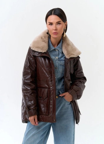 Пуховик из натуральной кожи с отделкой из меха кролика фото