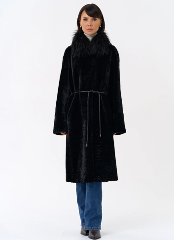 Женская двухстороняя дубленка с воротником из меха чернобурой лисы