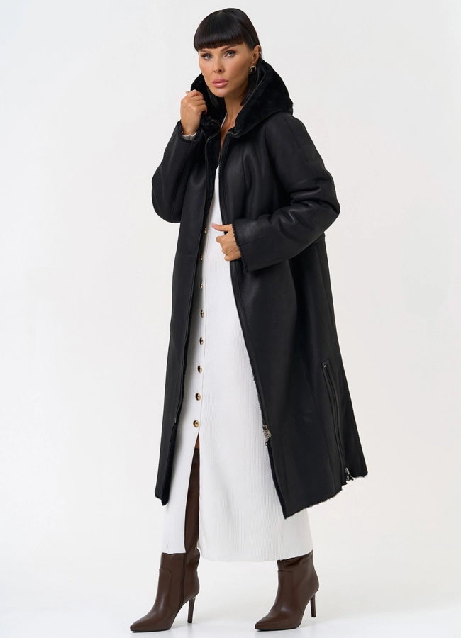 Натуральная двухсторонняя дубленка с капюшоном модель № 28957 универмаг малина