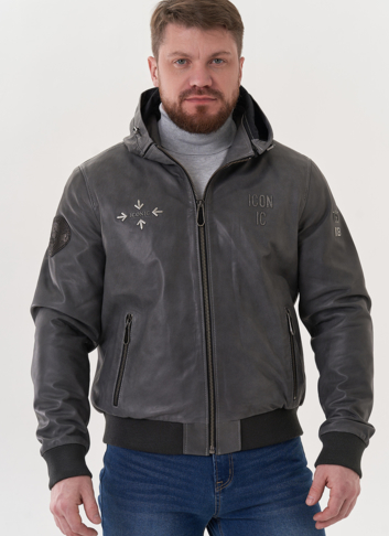 Мужская кожаная куртка "бомбер" с капюшоном