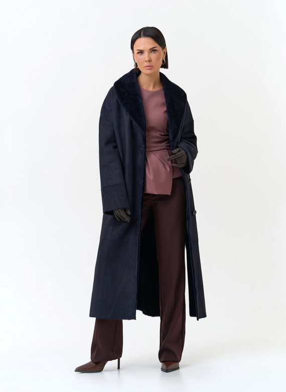 Женская двухсторонняя дубленка с воротником шаль фото