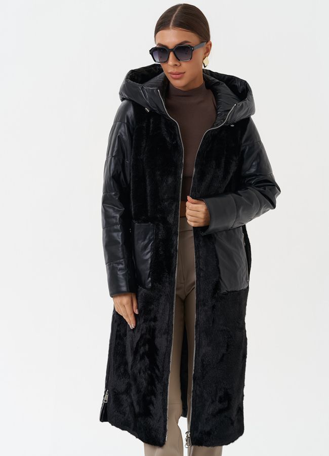 фото Пуховик из эко кожи с капюшоном модель № 23366