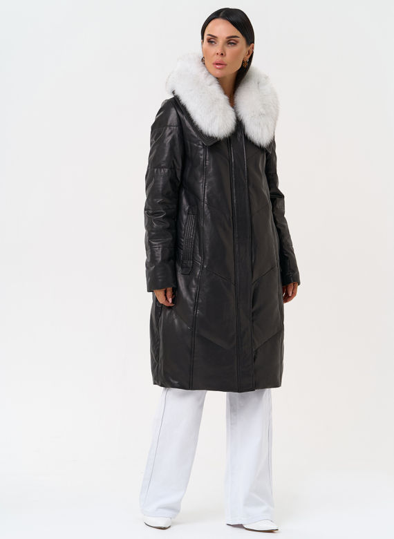 Длинный пуховик из натуральной кожи