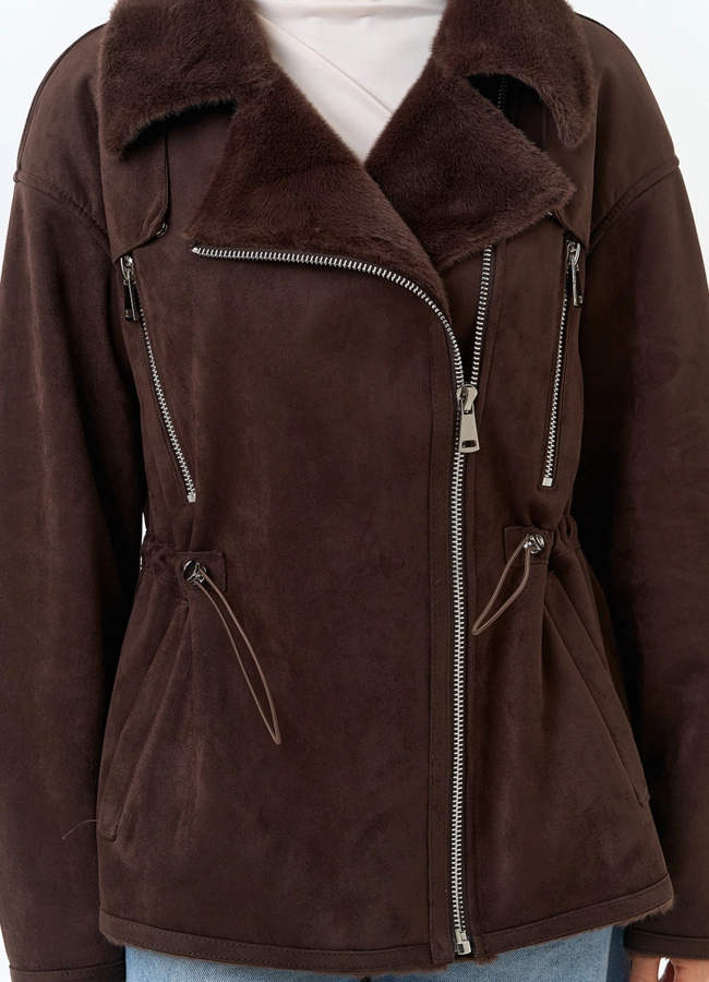 Женская дубленка из эко замши модель № 32792 универмаг малина