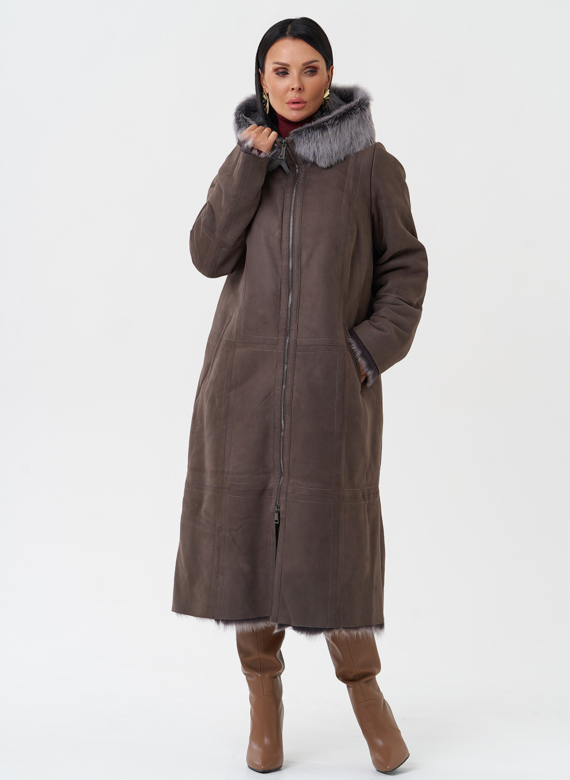Дубленка с отделкой из тосканы с капюшоном