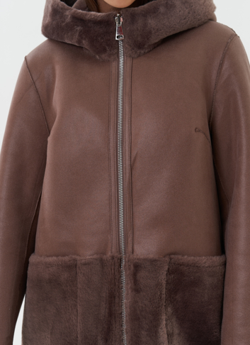 Двухсторонняя дубленка из эко кожи с капюшоном