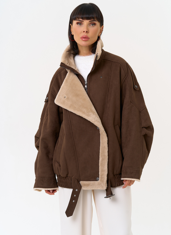 Женский бомбер из эко замши с воротником стойкой