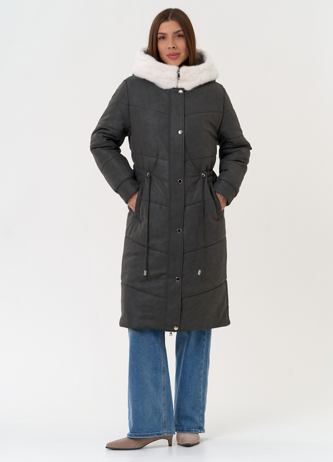 фото Женское пальто из эко кожи с капюшоном модель № 30731