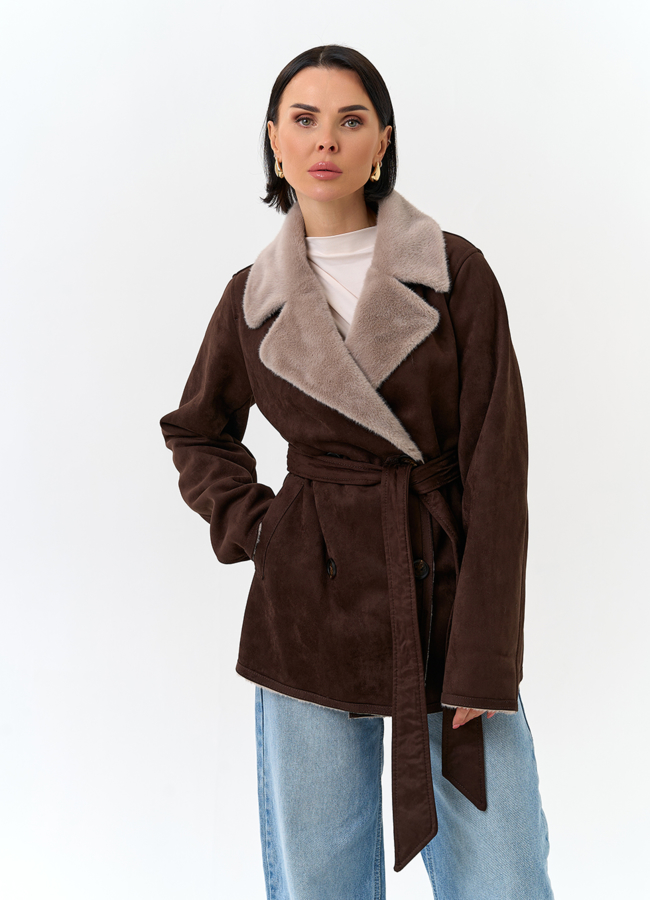 Женская двухсторонняя дубленка из эко замши модель № 32790 универмаг малина