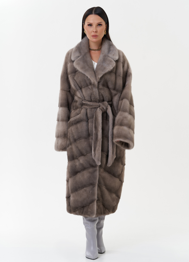 Шуба из скандинавской норки с поясом модель № 27701 меха малина