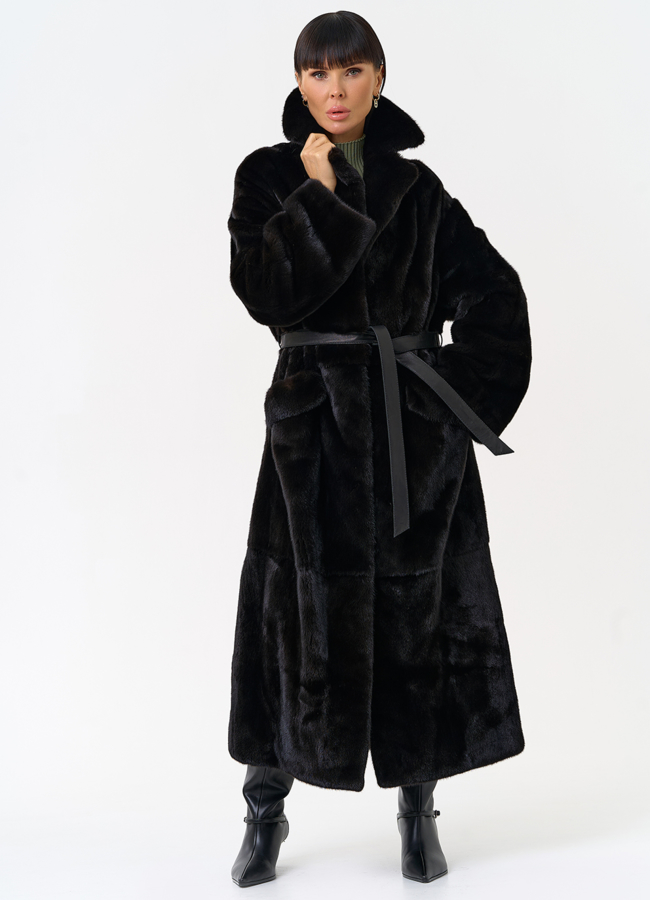 Длинная шуба из меха норки blackglama с поясом модель № 31636 универмаг малина