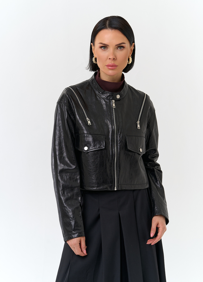 Куртка из натуральной кожи с декоративными молниями модель № 32844 меха малина