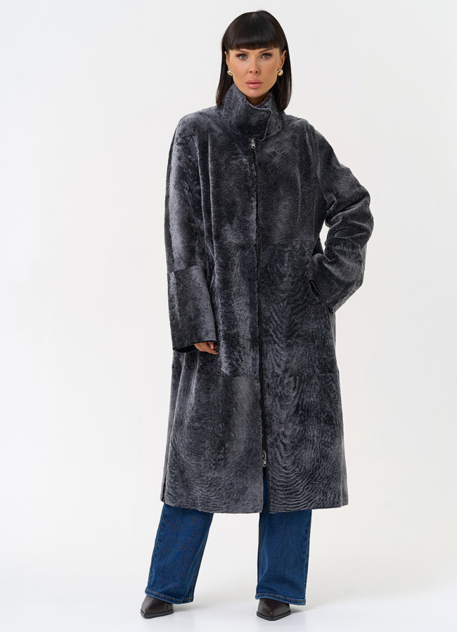 Женская двухсторонняя дубленка с воротником стойкой модель № 31478 меха малина